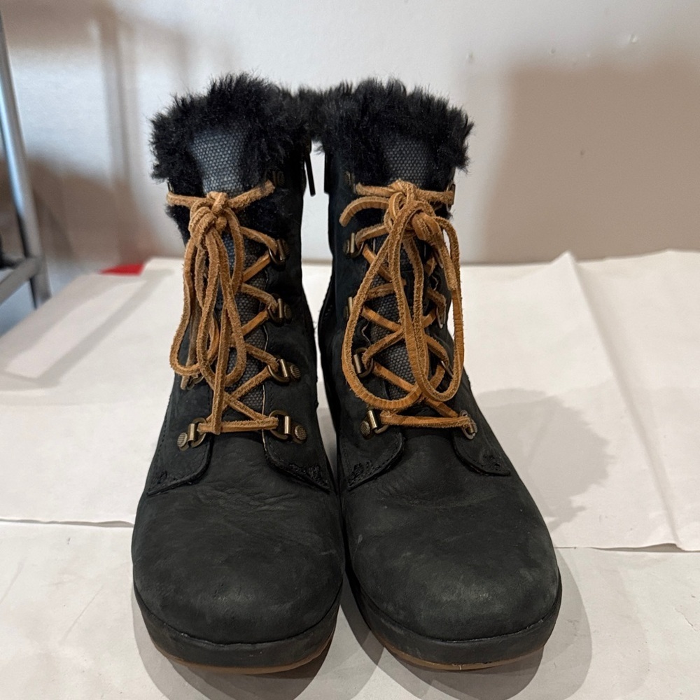 Sperry Black Wedge Boots with Fur Trim - Picture 2 of 5